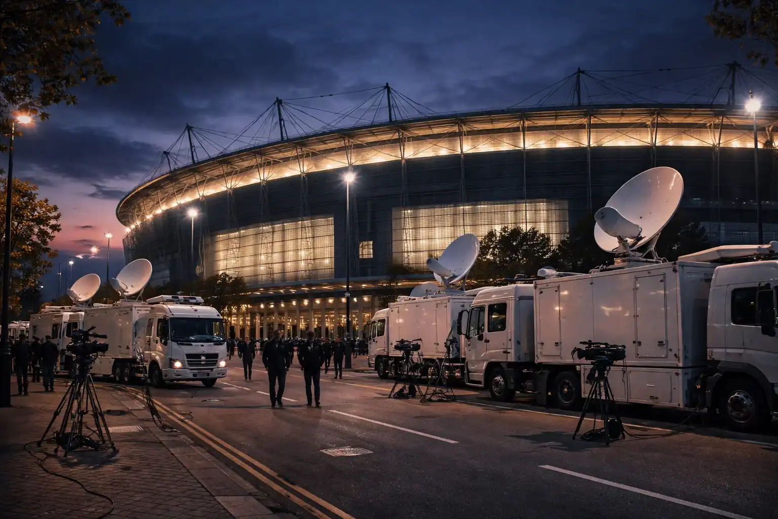 Estadio de fútbol de la Premier League con iluminación nocturna y retransmisión televisiva